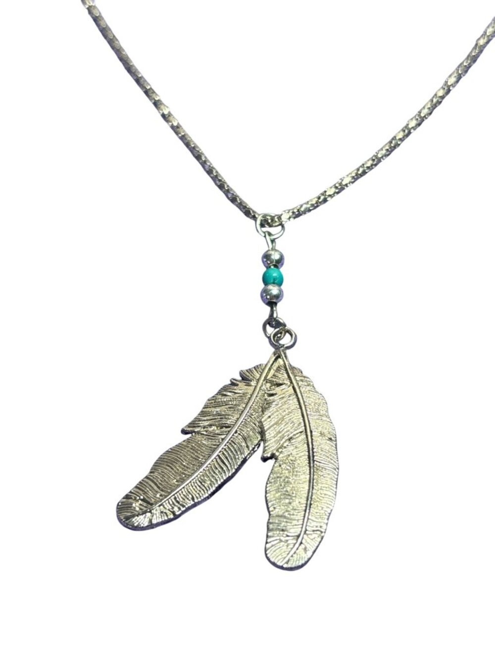 Boho Silvertone Beaded Feather Pendant Necklace Mesh Chain 17 inches